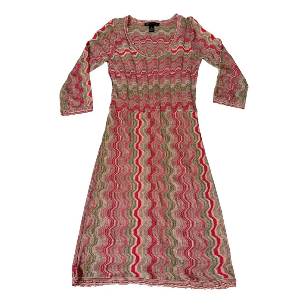 INC International Concepts Dress XS Chevron‎ Knit Pink Tan 3 4 Sleeve Stretch